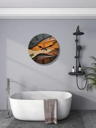 1pc10/12 Inch Artistic Creative Round Wooden Wand Clock, Faux Wood Grain Nordic Corrugated Silent Non Ticking High Quality Movement, Living Room Bedroom Home Artwork, Holiday Birthday Present (Batteries Not Included) view 4