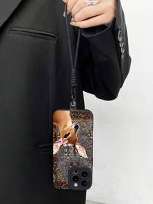 1pc Deer Print Lanyard Phone Case, Vintage Style Black Deer & Floral Pattern Printed Phone Protective Case + 1pc Black Phone Lanyard + 1pc Transparent Phone Pad, Suitable For Those Who Love Animal Elements And Unique Artistic Atmosphere, Suitable For Outdoor Travel And Running To Wear Safely Without Dropping The Phone Case, Fashionable Retro Matte Anti-Fall Full-Edged Protective Camera TPU Soft Phone Case