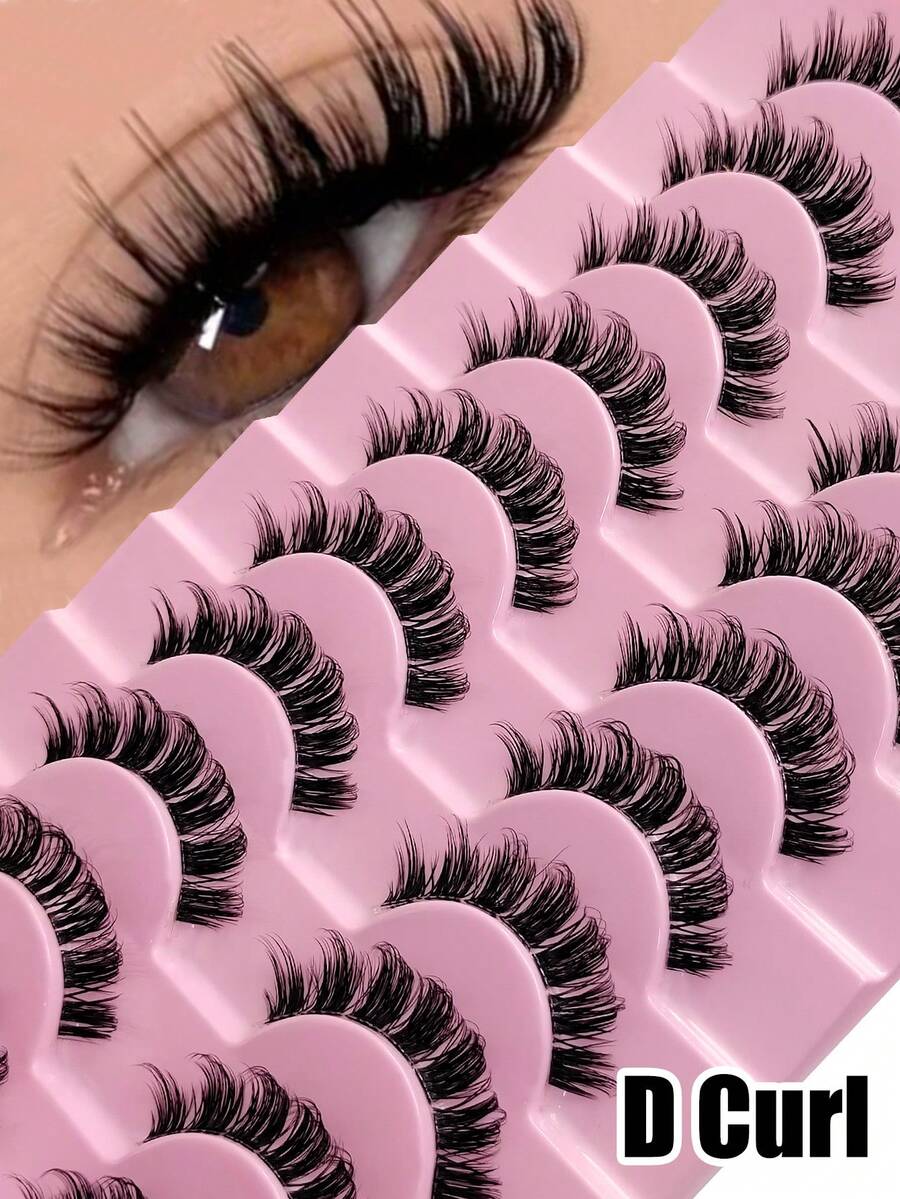 Rikuaild 10 Pairs Full Set Eyelashes, Russian Style Strip Lashes, D Curl Transparent Band Faux Mink Lashes, Enlarging Eyes, Thick & Fluffy Natural Lashes, Lash Extension, Travel Makeup Essential, Reusable Dramatic Lash Look - 俄羅斯條狀假睫毛 - 查看 1