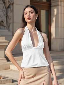 Womens Halter Tank Tops Summer  Solid Color Slim Fit Backless Deep V Neck Sleeveless Shirt - White - View 4