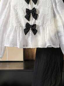 Left Mama Girls Elegant Minimalist White Long Sleeve Bow Blouse And Straight Leg Pants Set, Spring/Autumn - White - View 5