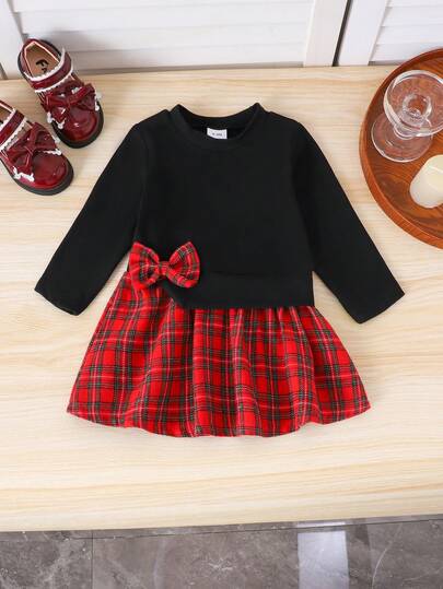 1pc Baby Girls' Cute Black Long Sleeve Sweatshirt Patchwork With Red Plaid Dress, Lightweight For Autumn/Winter