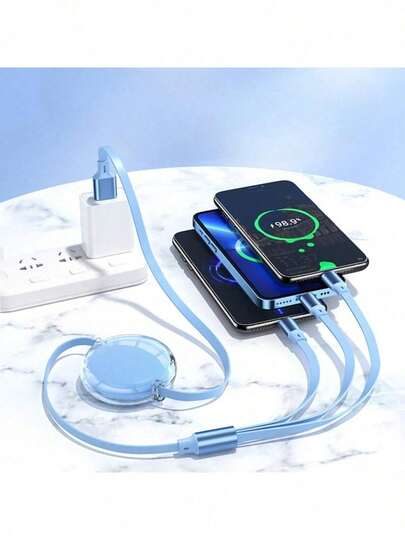 1pc 100W Transparent Shell Retractable 3-In-1 Fast Charging Cable, Compatible With Huawei, Apple, Android And Other Smartphones