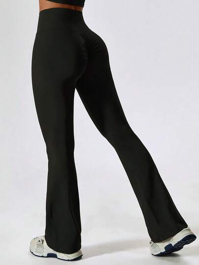 Dambyxor med enfärgade, rumplyftande, tajta byxor, fitnessleggings med hög midja, yogabyxor med utsvängda ben