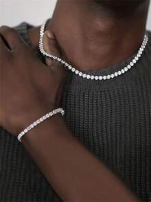 网球主题锆石项链和手链两件套组合，时尚嘻哈风格男士首饰，节日礼物 - 彩色 - 查看 6