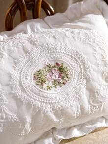 Cirelle 1pc Floral Embroidered Ruffle Trim Cushion Cover Without Filler, Modern Embroidered Design Decorative Cushion Cover For Bed, Sofa - Multicolor - View 4