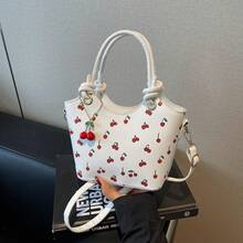 Cherry Print Tote Bag For Women, Fashionable Shoulder Sling Bag, Large Capacity Commuter Handbag With Free Cherry Keychain - White - View 5