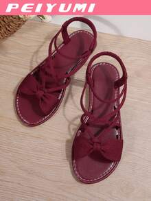 PEIYUMI 女士时尚凉鞋，优雅蝴蝶结和交叉带设计，舒适百搭，适合各种场合，多种颜色可选 - 酒紅色 - 查看 7