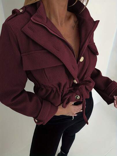 Women's Autumn/Winter Popular Fashion Corduroy Fabric Zip-Up Jacket With Button Closure And Waist Tie Belt