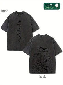 Frieren Shirt - Beyond Journey's End Anime DoublePrinted Vintage Washed Tee Unisex OversizeHeavyweight Cotton T-Shirt For Anime Fans AndLovers - 黑色 - 查看 1