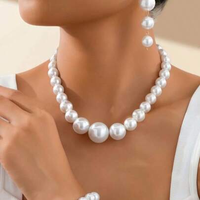 1 Set Fashionable Elegant Pearl Luxury Bracelet, Ring, Necklace 3 PiecesJewelry Set, Suitable For Wedding, Party