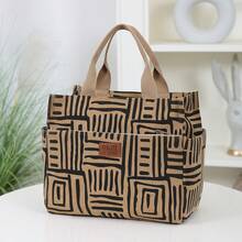 DLIU New Arrival, Corduroy Printed Fabric, Large Capacity Thick Tote Bag, Aluminum Foil Insulated Lining, Half-Zip Closure, Multi-Pocket Outdoor Storage Bag, Lunch Bag, Bento Box Bag, Tote Bag, Organizer Bag, Handbag, Back To School, Retro, Square Shape, Suitable For Work Lunch, Outdoor Picnic, Daily Storage Lunch Box For Traveling For Women Portable Waterproof Bag Insulated Lunch Bag Lunchbox - Khaki - View 4