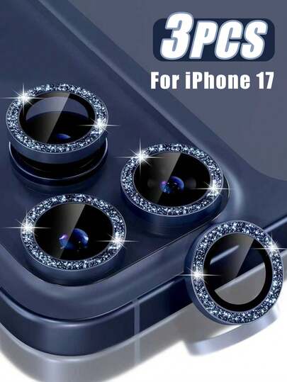 3 st. Apple kameralinsskyddsfilm, passar för 17 Pro/kompatibel med 17 Pro Max, glänsande 9H härdat glas för kameraskydd, skärmskydd med metallring och dekortillbehör (glänsande blå)