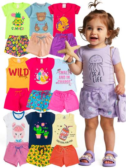Kit Verão 6 Peças Menina Infantil Sortidos 1 ao 14 – 3 Camisetas + 3 Shorts – Pronta Entrega