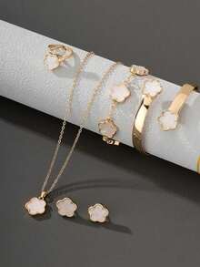 1 Set Women Jewelry: 1pc Lucky Four-Leaf Clover Pendant Necklace, 1pc Bracelet, 1 Pair Earrings, 1pc Ring, 1pc Bangle - trắng - Xem 5