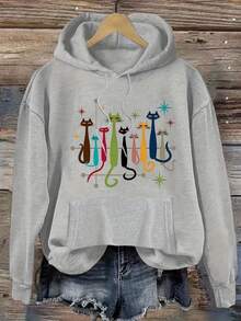 Plus Size Women Clothes Casual Hoodie With Cat Print, Long Sleeve, Drawstring Hood, Perfect For Fall And Winter Clothes For Women, Sporty Style, Casual Running & Fitness Pullover, New Years Outfit Women, Cat Lover Gift - 灰色 - 查看 1