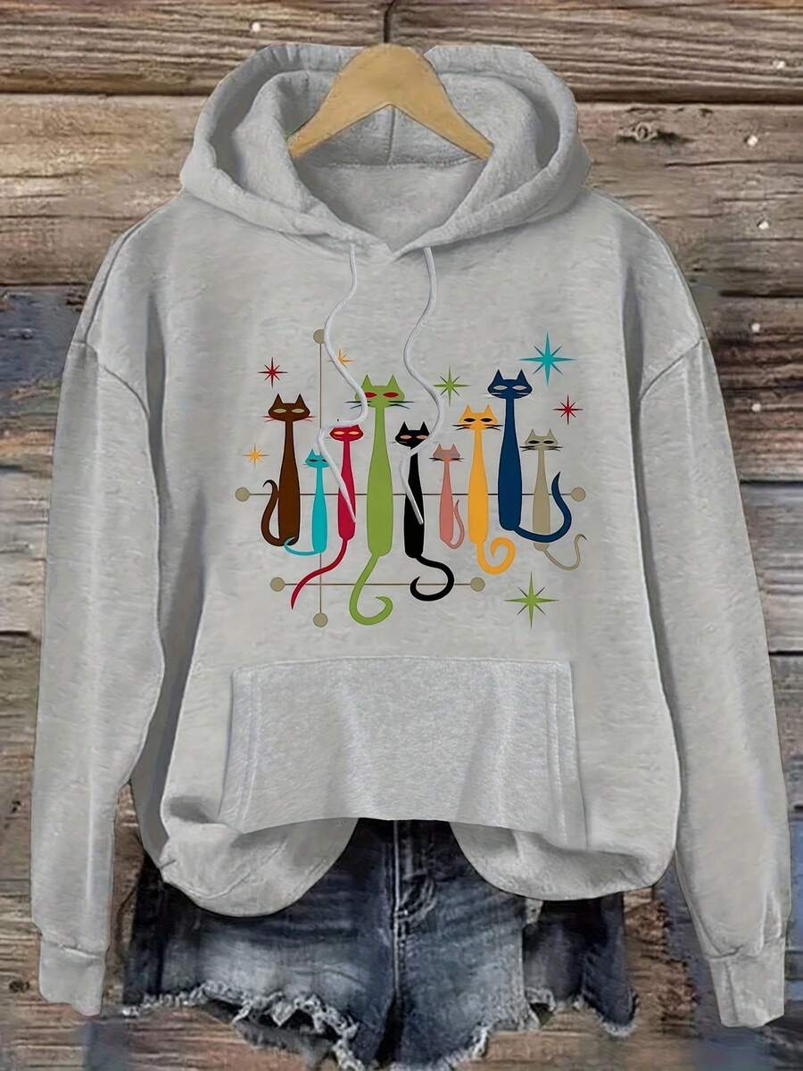 Plus Size Women Clothes Casual Hoodie With Cat Print, Long Sleeve, Drawstring Hood, Perfect For Fall And Winter Clothes For Women, Sporty Style, Casual Running & Fitness Pullover, New Years Outfit Women, Cat Lover Gift - 灰色 - 查看 1