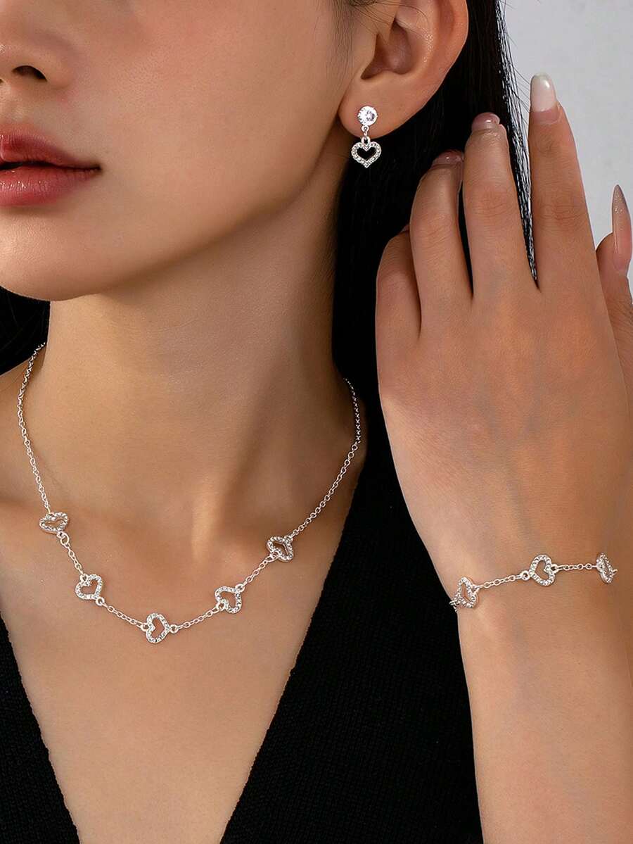 1 set nou stil european și american la modă minimalist stras încrustat inimă lanț brățară colier cercei bijuterii set pentru femei