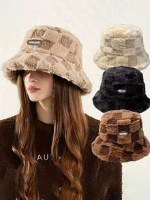 1 Piece/This Chessboard Color Block Plush Bucket-Shaped Bucket Hat Is Suitable For Women To Wear. It Is A Thick, Warm And Windproof, Fashionable And Cute Bucket Bucket Hat For Daily Outdoor Use In Autumn And Winter. Winter Warm