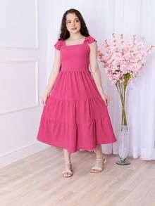 Girls' And Teen Girls' Long 3-Tier Dress With Ruffles, Plain, Evangelical Fashion For Elegant Parties, Young Ladies, Duna Fabric (Vinf434) - 玫紅色 - 查看 1