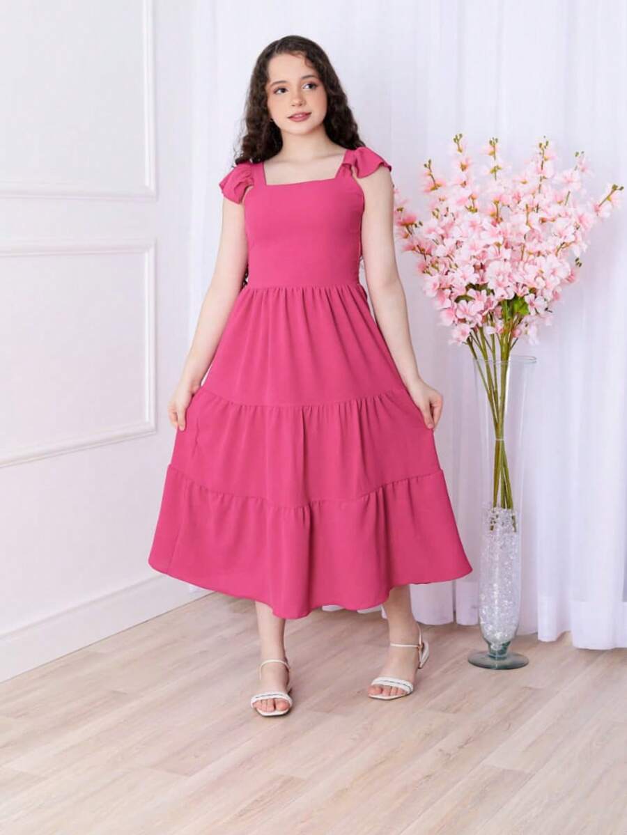 Girls' And Teen Girls' Long 3-Tier Dress With Ruffles, Plain, Evangelical Fashion For Elegant Parties, Young Ladies, Duna Fabric (Vinf434) - 玫紅色 - 查看 1
