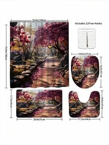 1 pièce Rideau de douche à motif paysage floral rose, rideau de douche imperméable avec crochets, séparateur de salle de bain, accessoire de décoration de salle de bain, décoration de Noël