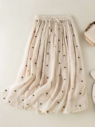 大码复古波点印花弹力腰抽绳亚麻质感衬里半身裙，适合春夏秋季穿着