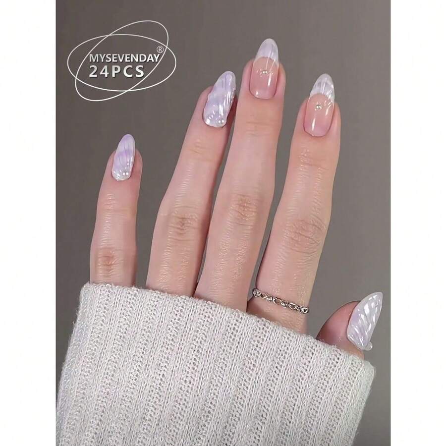 Almond Shape Press-On Nails/Oblique 3D Gel Stripe Faux Pearl Nails - 彩色 - 查看 1