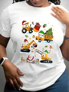 [Christmas Excavator T-Shirt] Christmas Boys' Excavator Print Short Sleeve T-Shirt  Summer Fashion Cute Kids' Casual Top