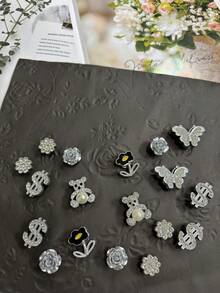 18pcs Detachable DIY Decoration Set, Including Sequin Silver Bears, Silver Butterflies, Dollar Bills, Flowers, Rose Shoe Charms, Suitable For Perforated Shoes, Garden Shoes, Sandals, Clogs, Slippers, All Seasons, Great Holiday Gift