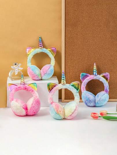 سماعات أذن للأطفال بشكل وحيد القرن - سماعات أذن مقاومة للبرد الشتوي من فرو الأرنب الاصطناعي، سماعات أذن قابلة للتعديل من الأعلى - سماعات أذن بألوان متداخلة يتم شحنها بشكل عشوائي