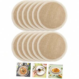 4 st/12 st tjocka runda vävda bordsunderlägg i jute, 25 cm värmebeständiga bordsunderlägg i säckväv, underlägg i lantlig väv, matunderlägg med spetsdetaljer för middagar, restauranger, fester, bröllopsdekorationer, heminredning