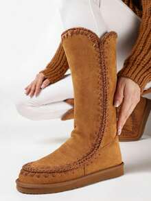 Flat Sole Snow Boots With Stitching And Fur - Brown - View 1