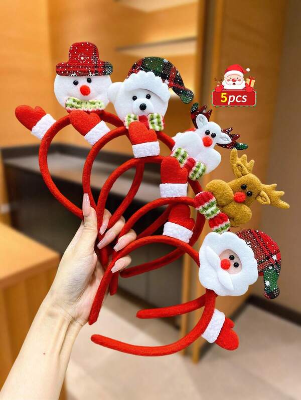 5pcs/Set Girls Cute Christmas Series Headbands, Assorted Red Santa Claus, Reindeer, Santa Hat, Christmas Gloves, Hair Clips, Ideal For Christmas Wear And Gifting To Friends