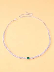 1pc Fashionable Minimalist Geometric Emerald Necklace With Rhinestone Decor, Elegant Accessory For Women - Green Diamond Necklace - View 3