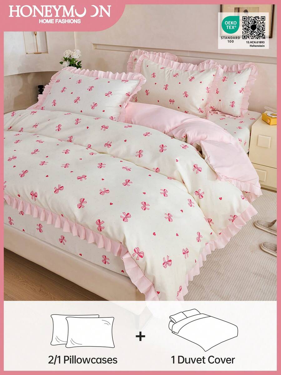 HONEYMOON 2/3pcs Bowknot Print Ruffle Duvet Cover Set (2pcs = 1 Duvet Cover + 1 Pillowcase; 3pcs = 1 Duvet Cover + 2 Pillowcases) - 100% Polyester Fabric, INS Style Print, Soft And Breathable, Wrinkle-Resistant, Machine Washable, Pillowcases Do Not Include Pillow Inserts (No Duvet) - T F Q K Sizes Suitable For Home And School Dorms, Back To School Essential, Oeko-Tex Certified