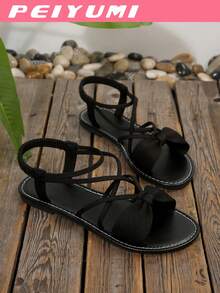 PEIYUMI Women's Fashion Sandals, Elegant Bow And Criss-Cross Strap Design, Comfortable And Versatile, Suitable For Various Occasions, Multiple Color Options - Black - View 5