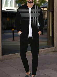 2-Piece Set, Men's Stylish Casual Zip-Up Jacket Outfit, Striped Pattern Printed Long-Sleeve Lapel Jacket With Casual Long Pants Streetwear Outfit, Suitable For Outdoor Vacation Wear, Regular Fit, Made Of High-Quality Soft And Comfortable Fabric. ...