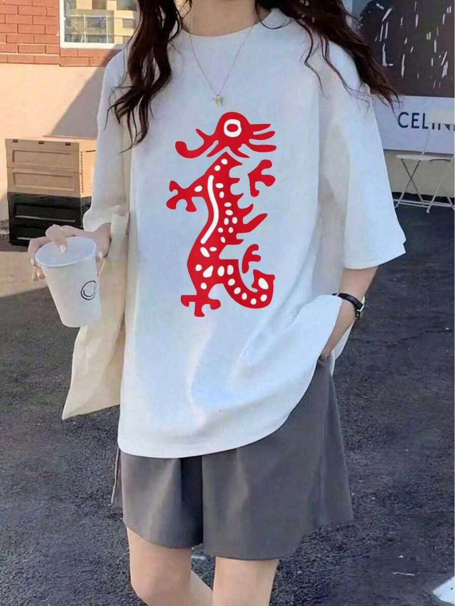 100% Algodón Camiseta de Disfraz de Mah Jong Dragón Rojo Chino Camiseta gráfica para mujeres - Blanco - Ver 1