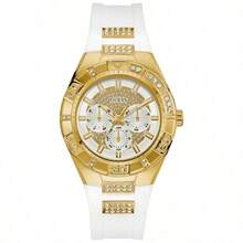 Guess Women's Fashionable Casual Three-Eye Resin Strap Quartz Watch, Gold-Tone - White - View 2