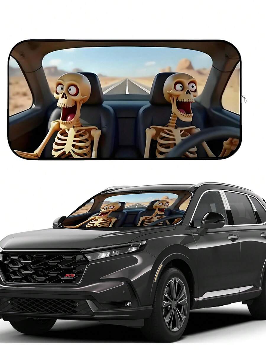 Foldable Car Windshield Sun Shade, Funny Cartoon Stylish Windshield Sun Visor Protector, Fits Most Sedans, SUVs, Trucks, Pickups, Protects Your Vehicle From UV Damage - Đầu lâu buồn cười - Xem 1