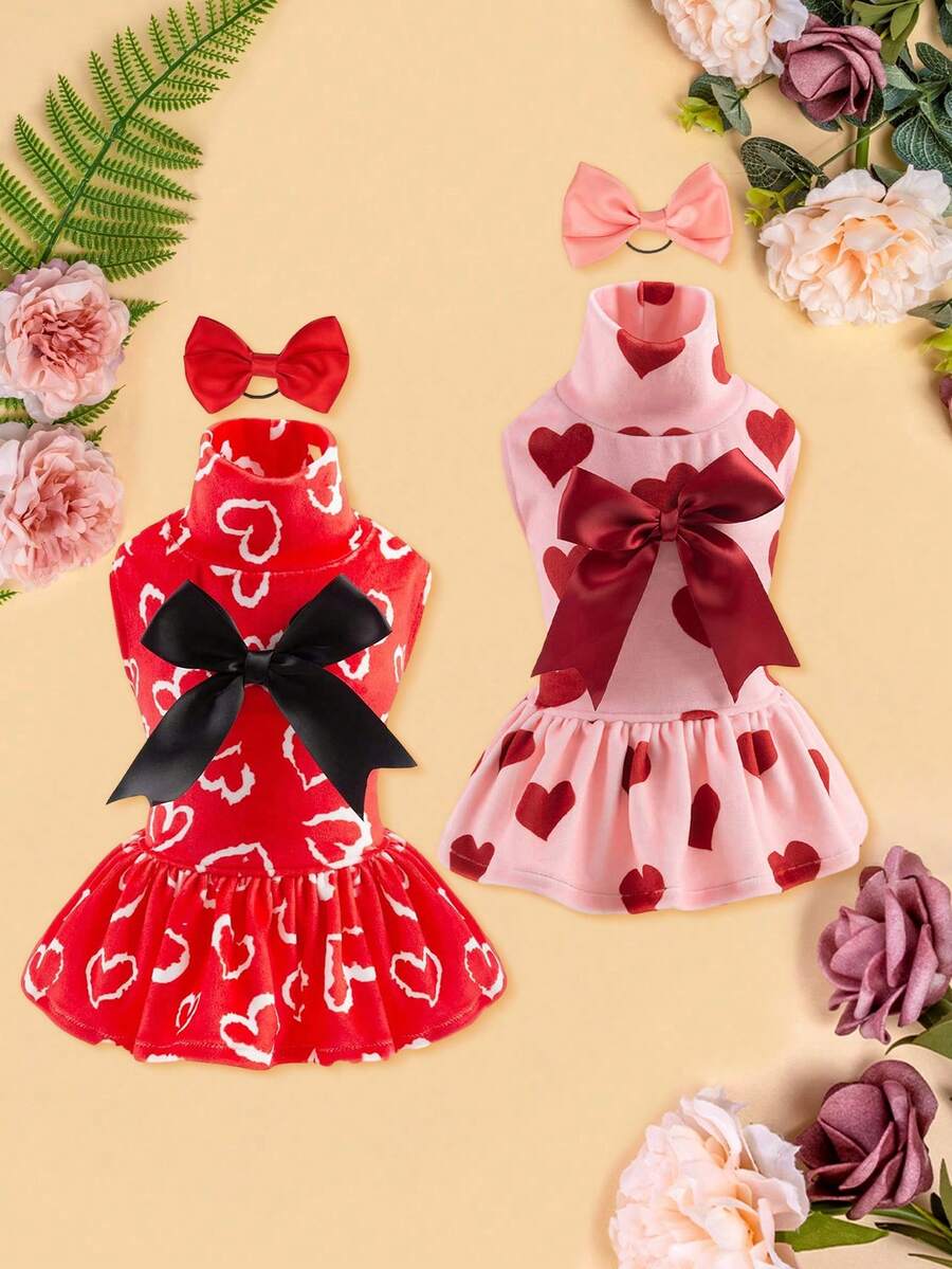 CuteBone 爱心印花宠物公主裙+蝴蝶结发箍套装，高领优雅连衣裙，适合狗狗和猫咪，可爱宠物裙（随机发货1件），情人节畅销套装 - 粉色 - 查看 1