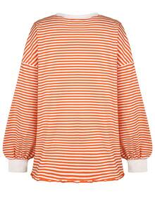 Damen Lässig gestreifter Farbblock Pullover, modisch locker sitzender Strick-Top für den Herbst - Orange - Übersicht 2