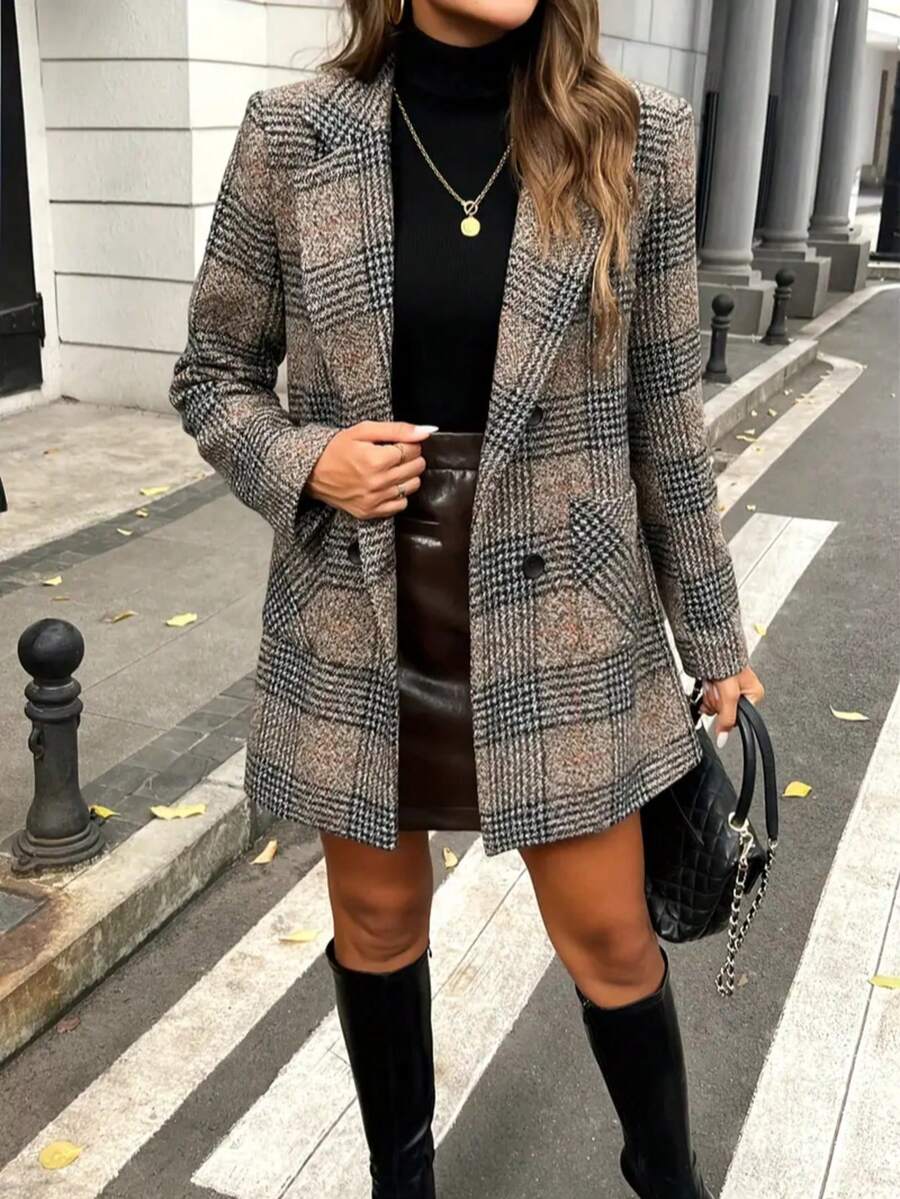 欧美风格纹女式夹克，翻领风衣，修身剪裁，格纹百搭上衣，时尚秋冬外套，长袖设计，休闲街头风 | 优雅风格 | 度假外套 - 卡其色 - 查看 1