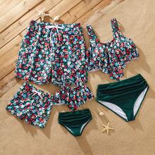 Family Matching Flora Swim Trunks Or Strap Two-Piece Swimsuit - 墨綠色 - 查看 1