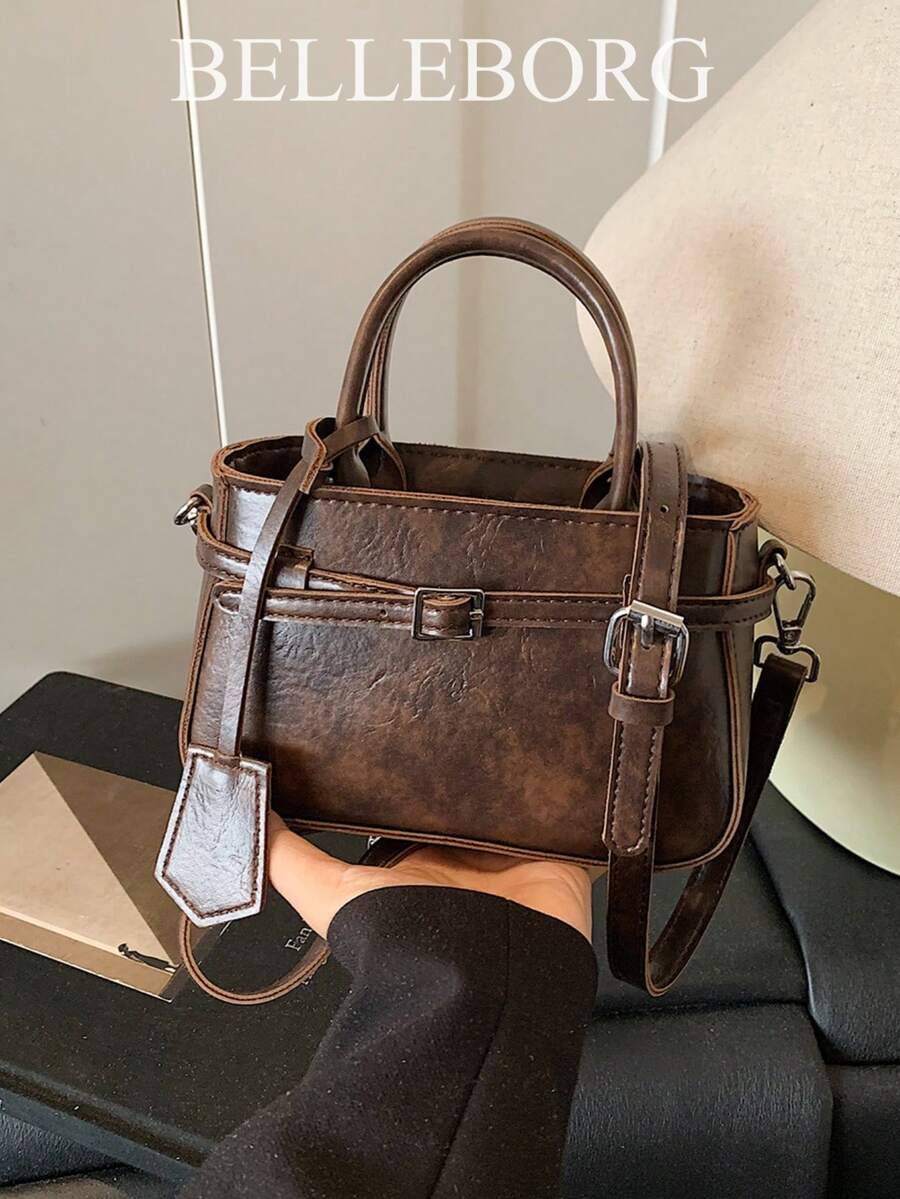 Casual Colorblock Textured Versatile Commute Vintage Canvas Strap Buckle Women's Small Square Handbag - Coffee - View 1