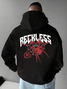 Men'S Autumn And Winter Spider Print Versatile Sports Casual Loose Hooded Sweatshirt With Fleece Lining.,Fall Hoodies,Men's Fall Clothes,Street Wear,Halloween,Mens Hoodies,Y2k Clothes,Jesus Hoodie,Thanksgiving Day,Nightmare Before Christmas,Christmas - Black - View 1