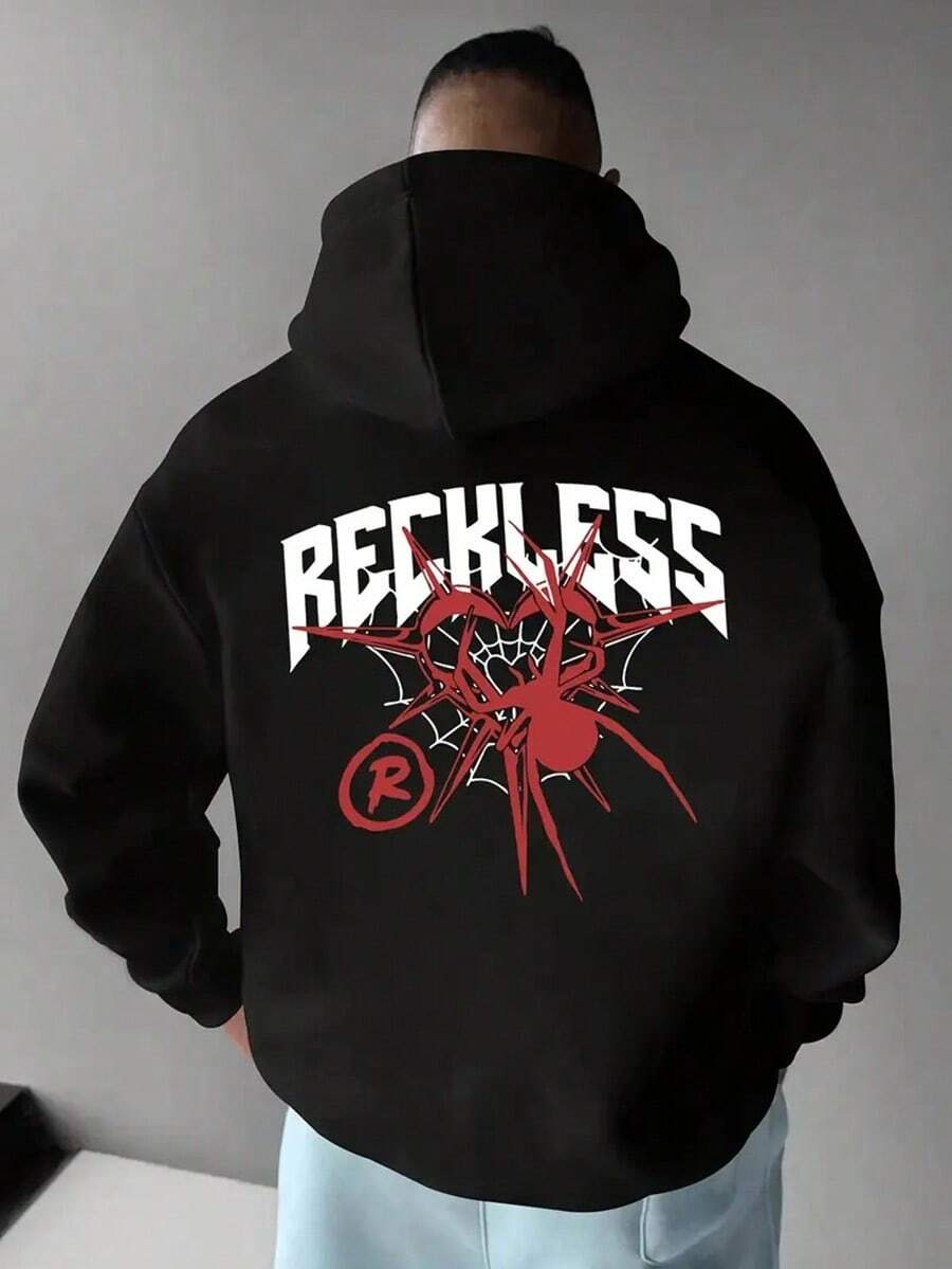 Men'S Autumn And Winter Spider Print Versatile Sports Casual Loose Hooded Sweatshirt With Fleece Lining.,Fall Hoodies,Men's Fall Clothes,Street Wear,Halloween,Mens Hoodies,Y2k Clothes,Jesus Hoodie,Thanksgiving Day,Nightmare Before Christmas,Christmas - Black - View 1