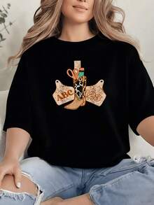 Western Cowgirl Graphic Print T Shirt 220g Back To School Women's Casual 100% Cotton Tee 1pcs Fashionable Outfit Country Style - Black - View 1