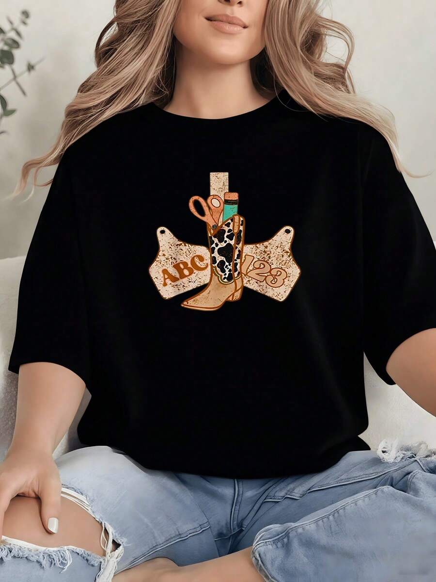 Western Cowgirl Graphic Print T Shirt 220g Back To School Women's Casual 100% Cotton Tee 1pcs Fashionable Outfit Country Style - Black - View 1